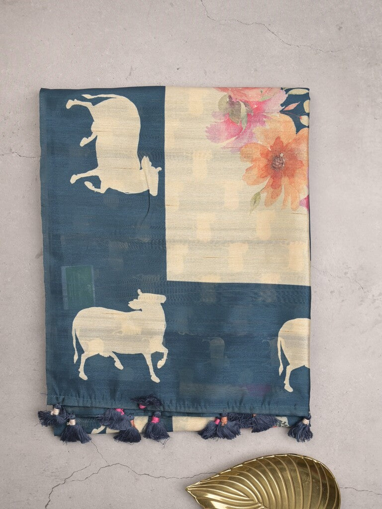 Tussar fancy saree peacock blue color allover plain & contrast printed border with running pallu and printed blouse