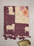 Tussar fancy saree wine color allover plain & contrast printed border with running pallu and printed blouse