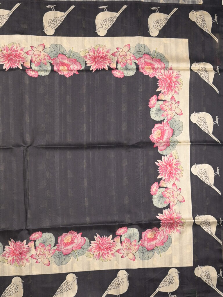 Tussar fancy saree black color allover plain & contrast printed border with running pallu and printed blouse