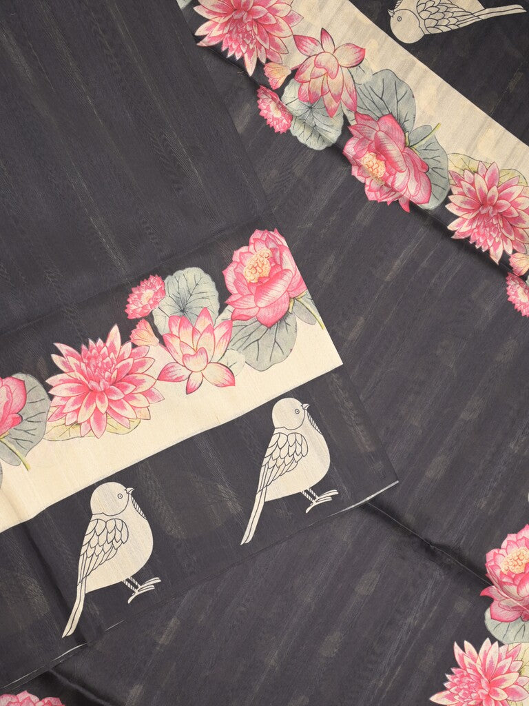 Tussar fancy saree black color allover plain & contrast printed border with running pallu and printed blouse