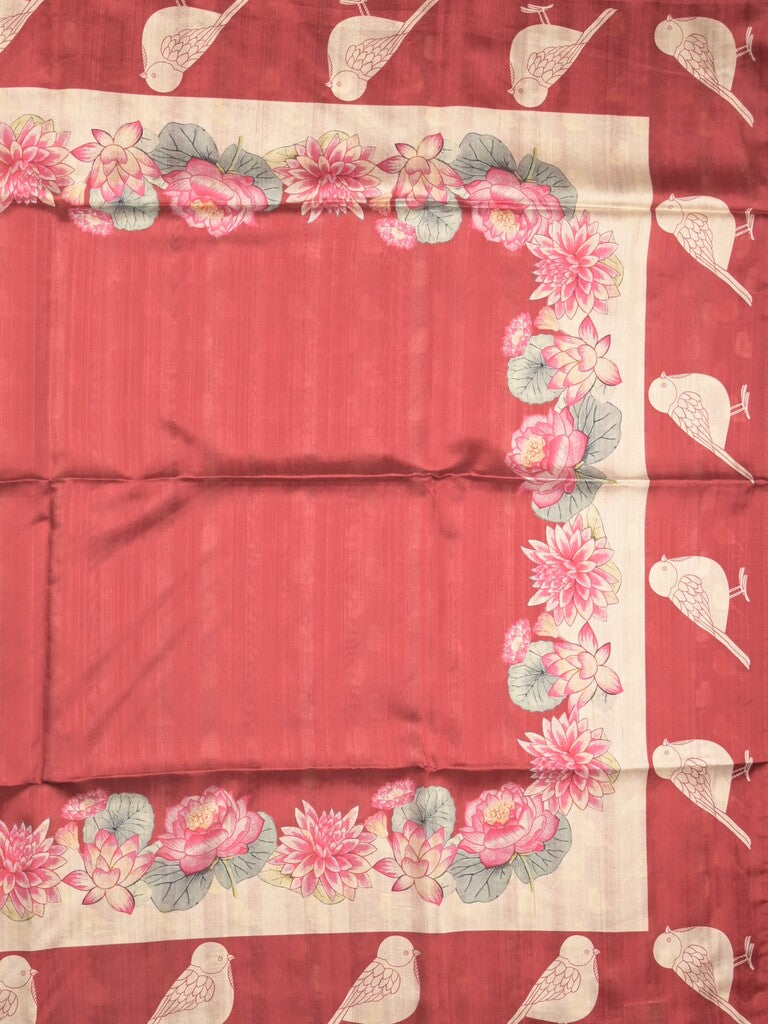 Tussar fancy saree red color allover plain & contrast printed border with running pallu and printed blouse