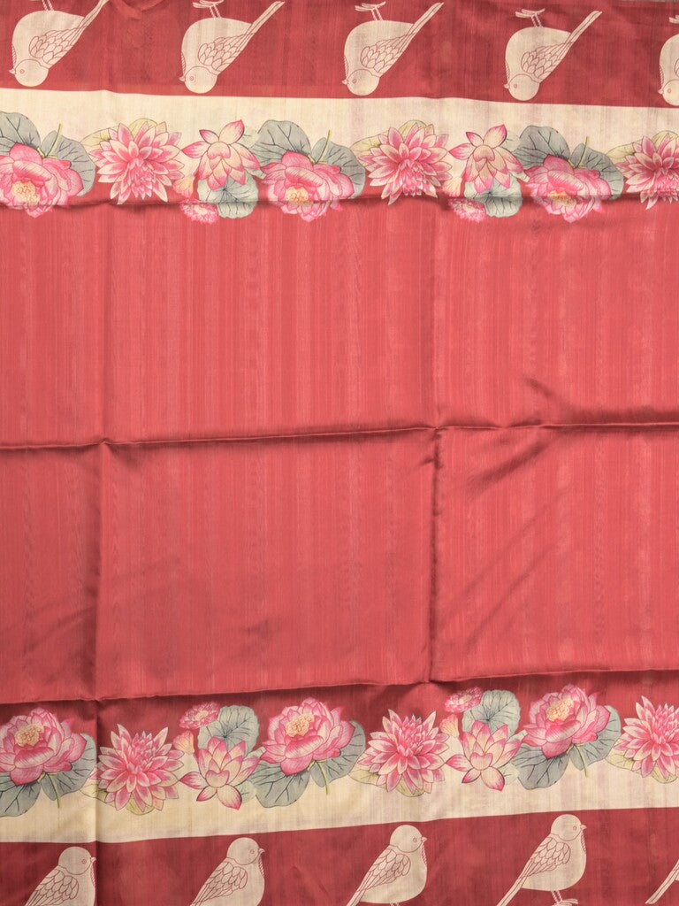 Tussar fancy saree red color allover plain & contrast printed border with running pallu and printed blouse