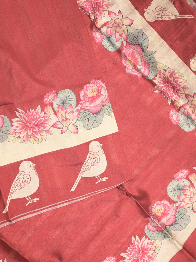 Tussar fancy saree red color allover plain & contrast printed border with running pallu and printed blouse