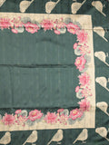 Tussar fancy saree dark green color allover plain & contrast printed border with running pallu and printed blouse