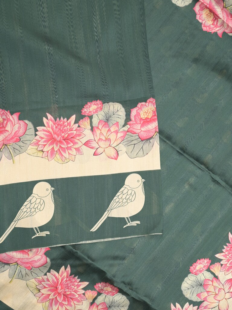 Tussar fancy saree dark green color allover plain & contrast printed border with running pallu and printed blouse