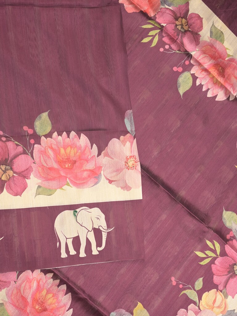 Tussar fancy saree wine color allover plain & contrast printed border with running pallu and printed blouse