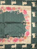 Tussar fancy saree dark green color allover plain & contrast printed border with running pallu and printed blouse