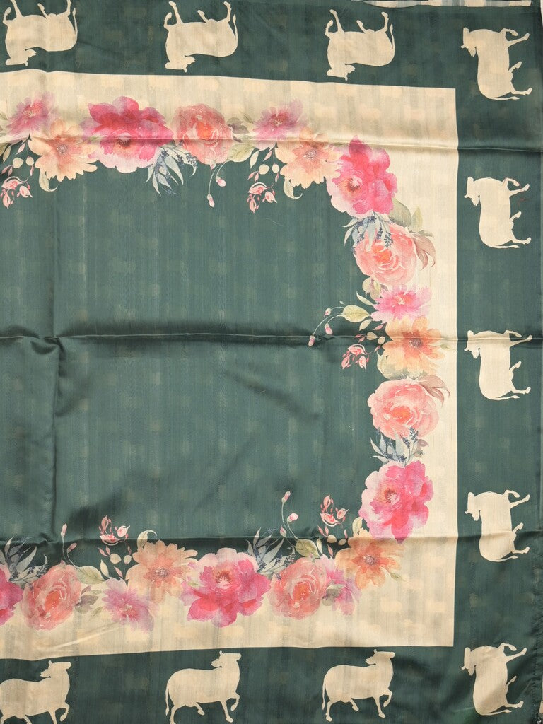 Tussar fancy saree dark green color allover plain & contrast printed border with running pallu and printed blouse