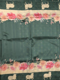 Tussar fancy saree dark green color allover plain & contrast printed border with running pallu and printed blouse