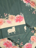 Tussar fancy saree dark green color allover plain & contrast printed border with running pallu and printed blouse