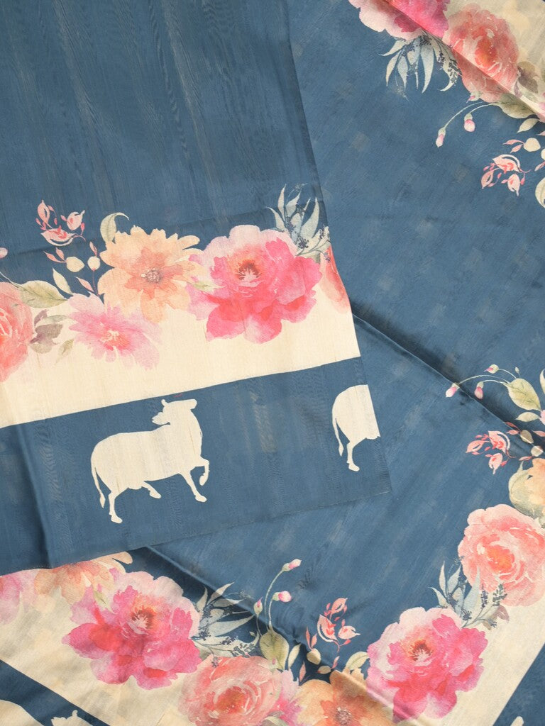 Tussar fancy saree peacock blue color allover plain & contrast printed border with running pallu and printed blouse