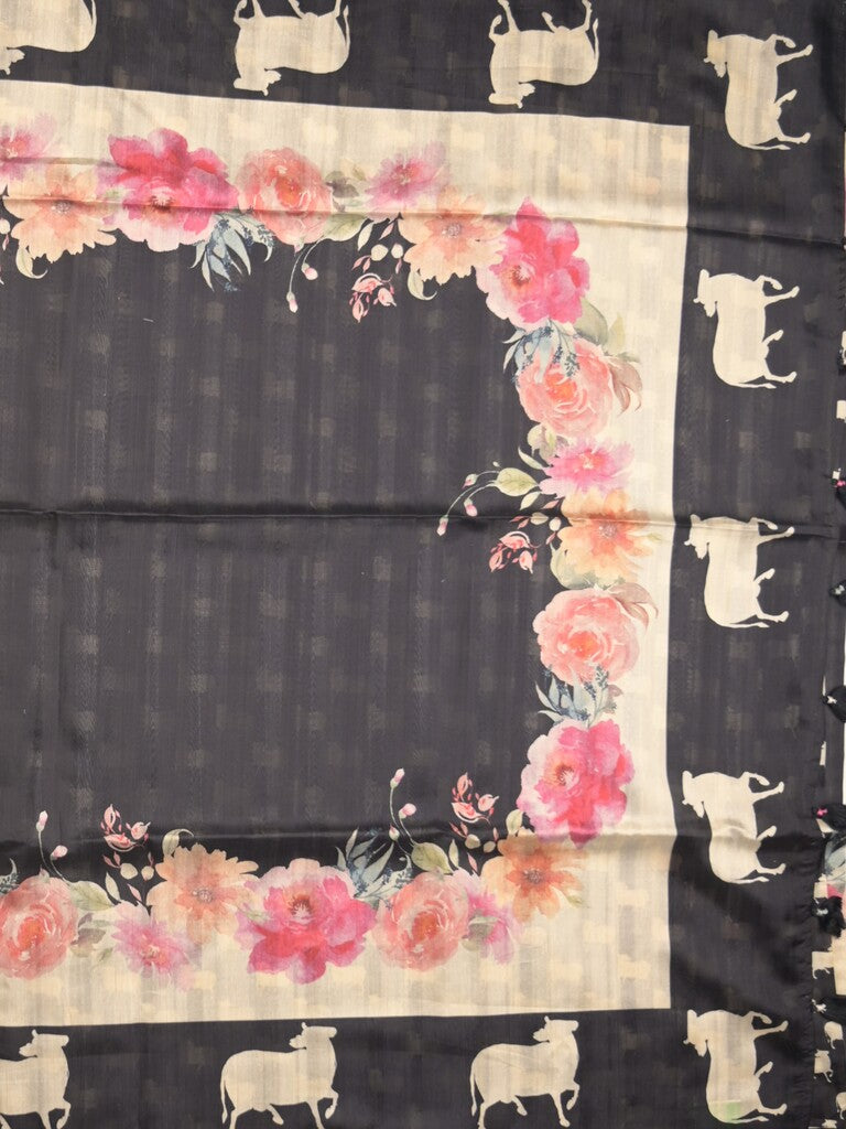 Tussar fancy saree black color allover plain & contrast printed border with running pallu and printed blouse