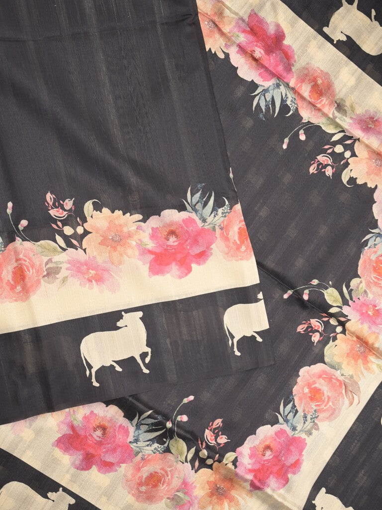 Tussar fancy saree black color allover plain & contrast printed border with running pallu and printed blouse