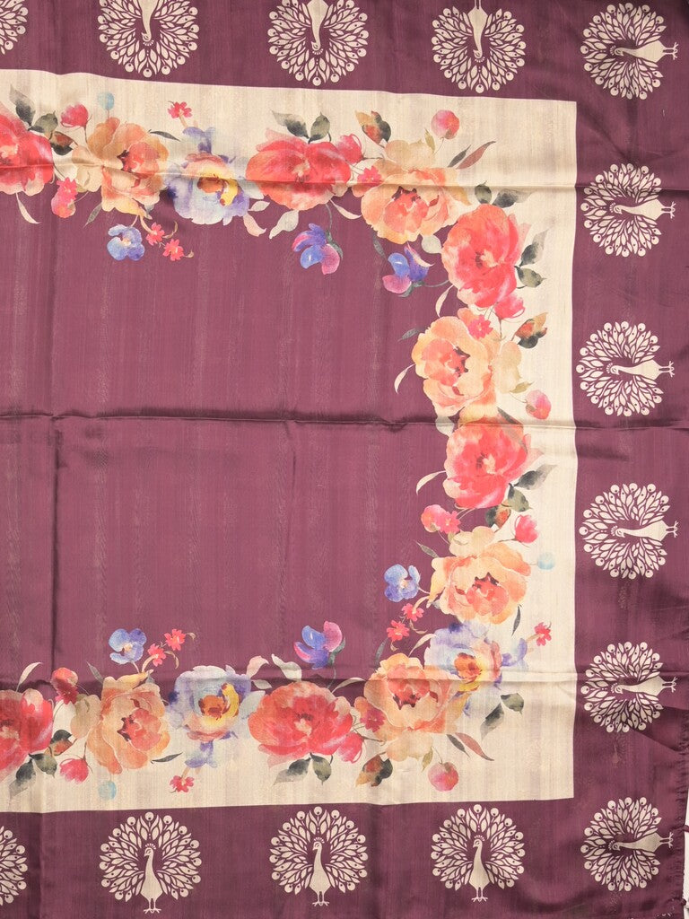 Tussar fancy saree wine color allover plain & contrast printed border with running pallu and printed blouse