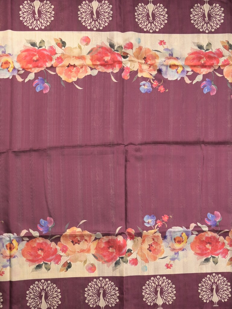 Tussar fancy saree wine color allover plain & contrast printed border with running pallu and printed blouse