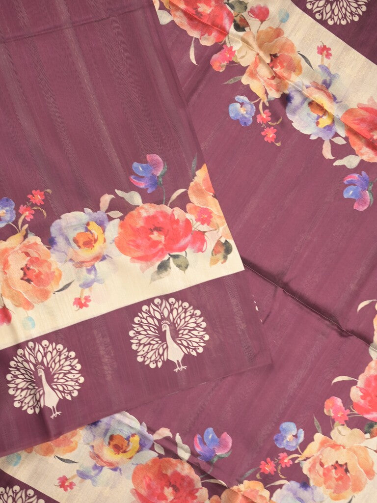 Tussar fancy saree wine color allover plain & contrast printed border with running pallu and printed blouse