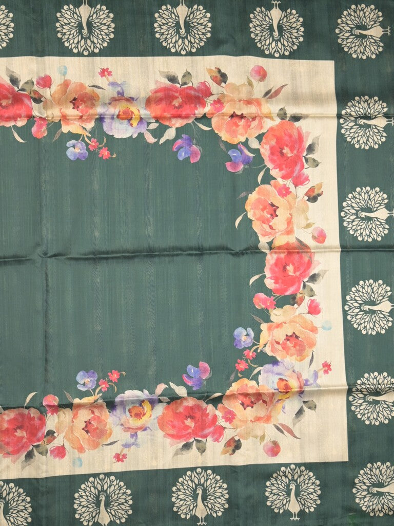 Tussar fancy saree dark green color allover plain & contrast printed border with running pallu and printed blouse
