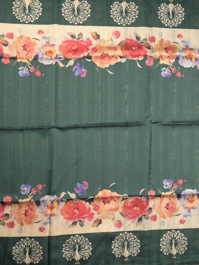 Tussar fancy saree dark green color allover plain & contrast printed border with running pallu and printed blouse