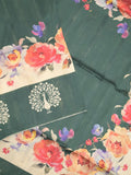 Tussar fancy saree dark green color allover plain & contrast printed border with running pallu and printed blouse