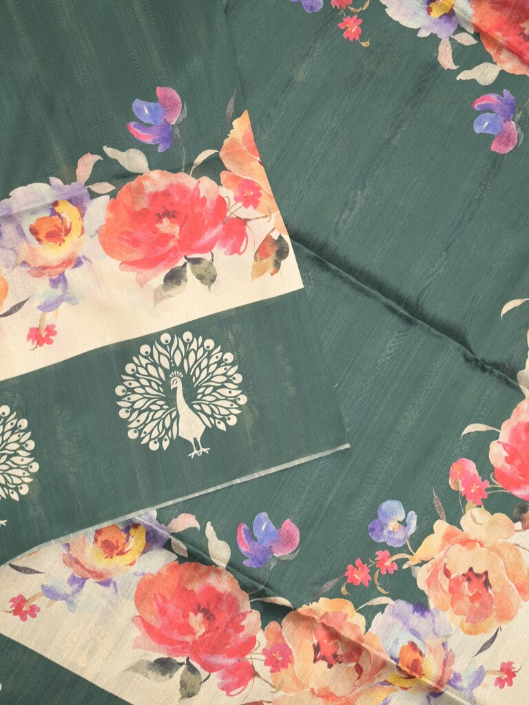 Tussar fancy saree dark green color allover plain & contrast printed border with running pallu and printed blouse