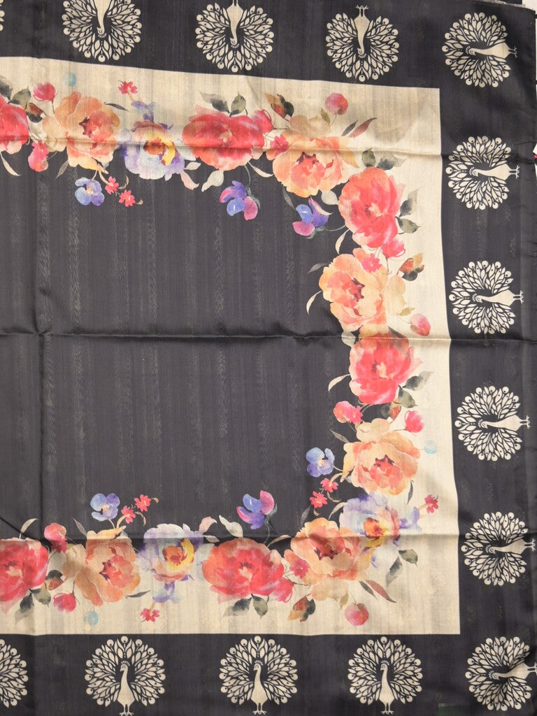 Tussar fancy saree black color allover plain & contrast printed border with running pallu and printed blouse