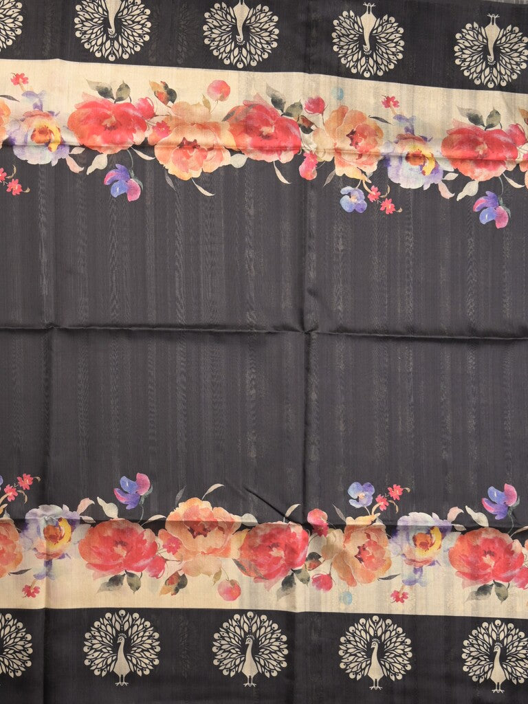 Tussar fancy saree black color allover plain & contrast printed border with running pallu and printed blouse
