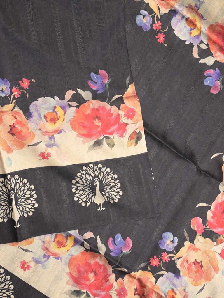 Tussar fancy saree black color allover plain & contrast printed border with running pallu and printed blouse