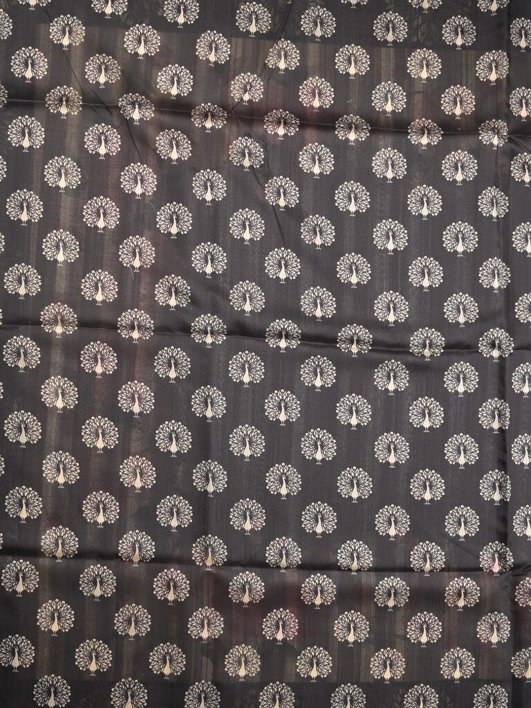 Tussar fancy saree black color allover plain & contrast printed border with running pallu and printed blouse