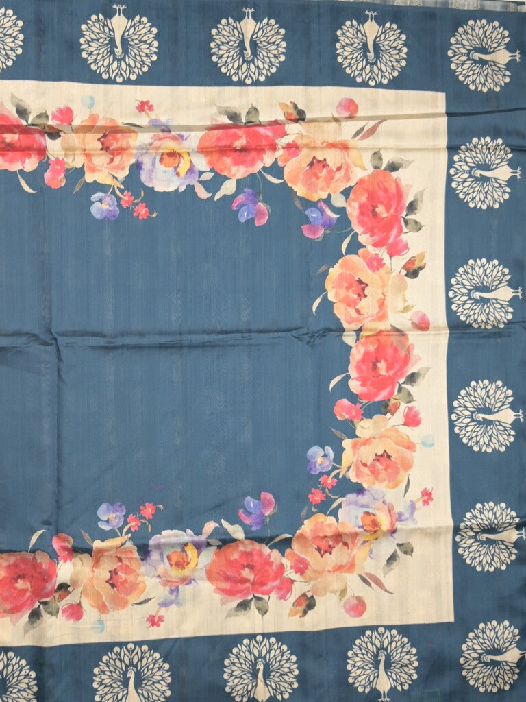 Tussar fancy saree peacock blue color allover plain & contrast printed border with running pallu and printed blouse