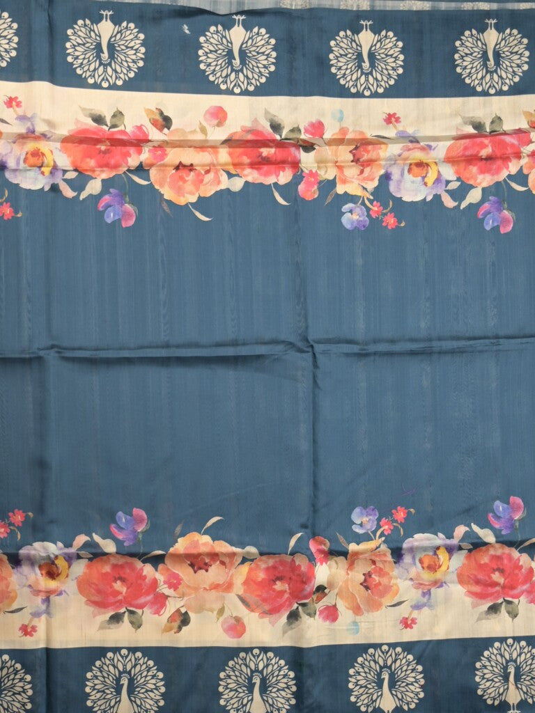 Tussar fancy saree peacock blue color allover plain & contrast printed border with running pallu and printed blouse