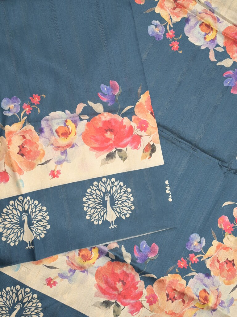 Tussar fancy saree peacock blue color allover plain & contrast printed border with running pallu and printed blouse