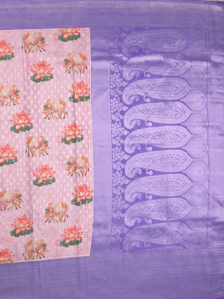 Crape fancy saree light purple color allover prints, zari motifs & zari border with rich pallu and attached blouse