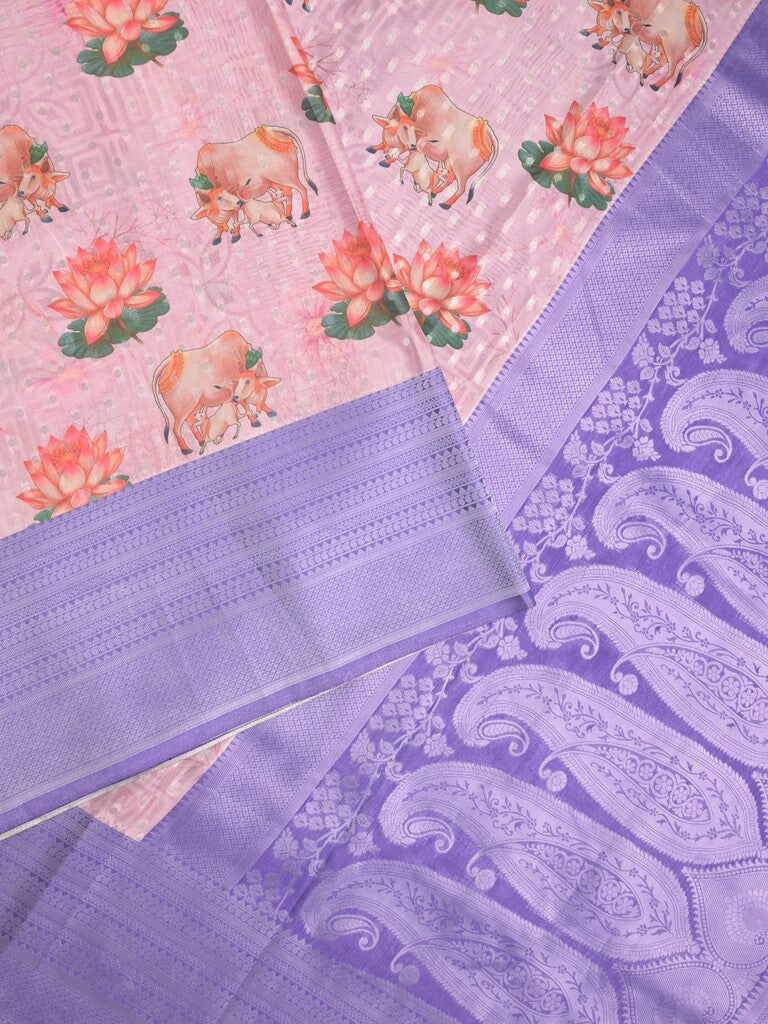 Crape fancy saree light purple color allover prints, zari motifs & zari border with rich pallu and attached blouse