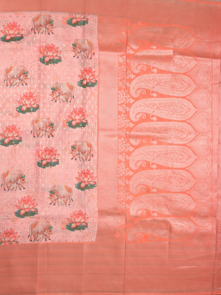 Crape fancy saree light peach color allover prints, zari motifs & zari border with rich pallu and attached blouse