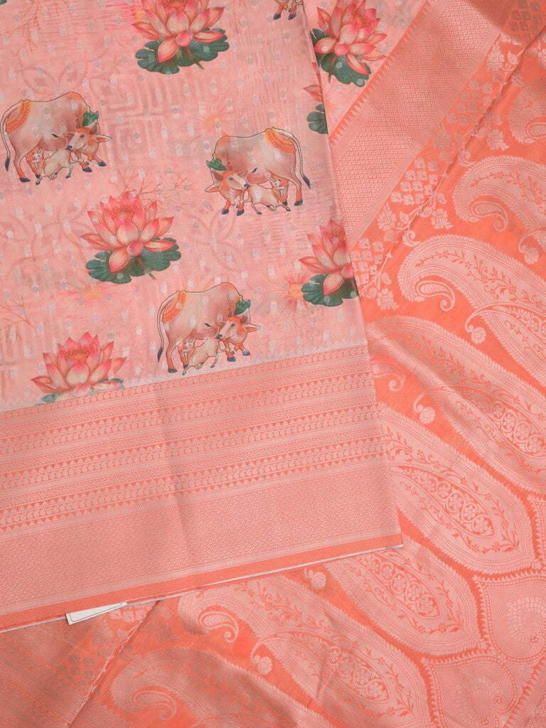 Crape fancy saree light peach color allover prints, zari motifs & zari border with rich pallu and attached blouse