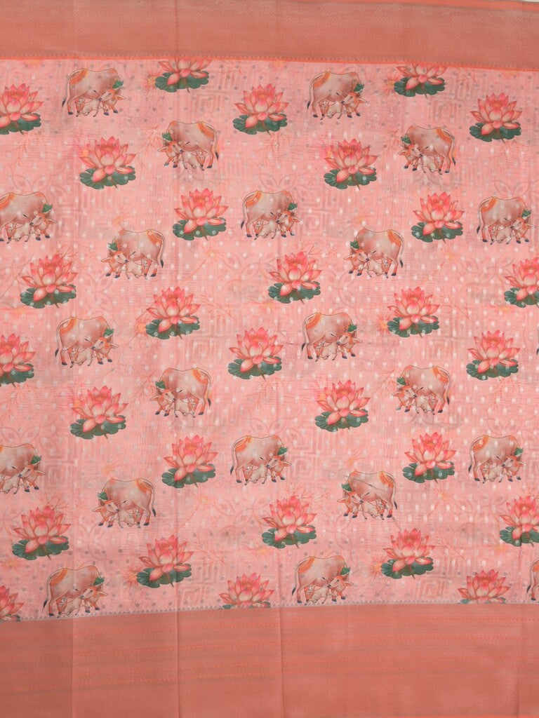 Crape fancy saree light peach color allover prints, zari motifs & zari border with rich pallu and attached blouse