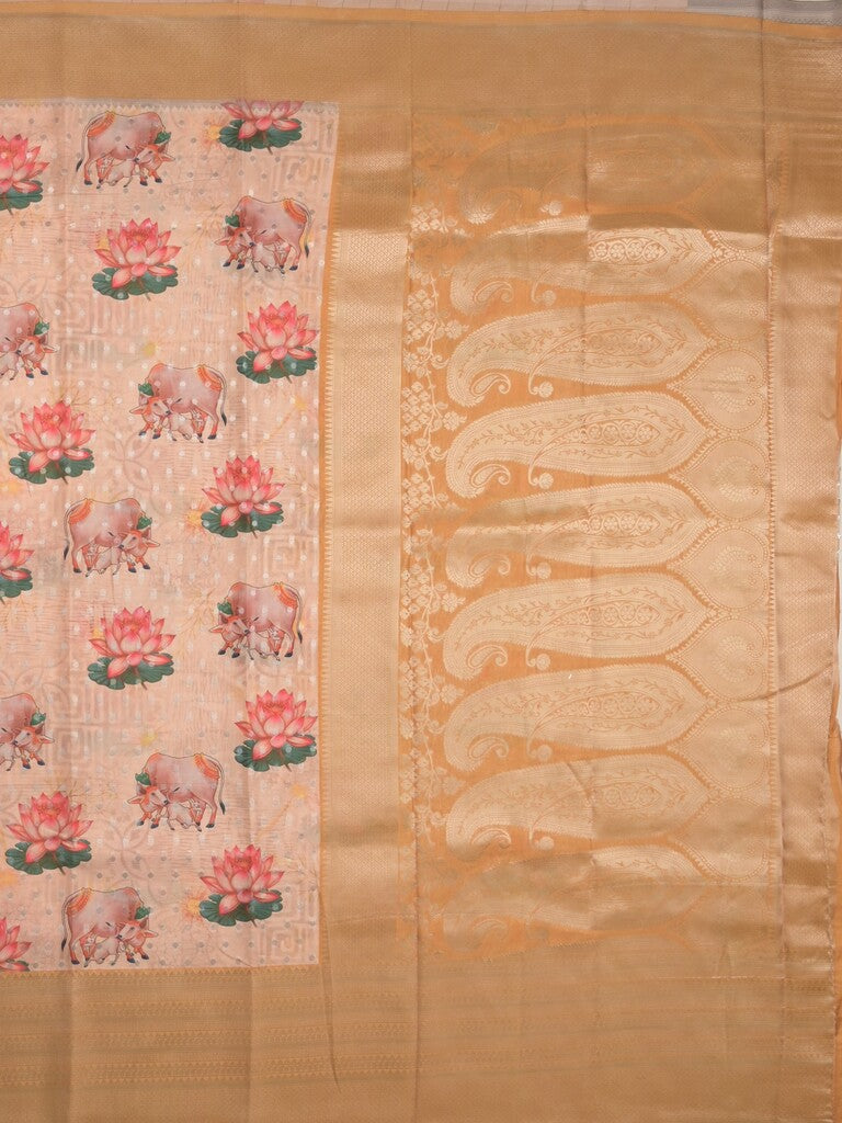 Crape fancy saree cream color allover prints, zari motifs & zari border with rich pallu and attached blouse