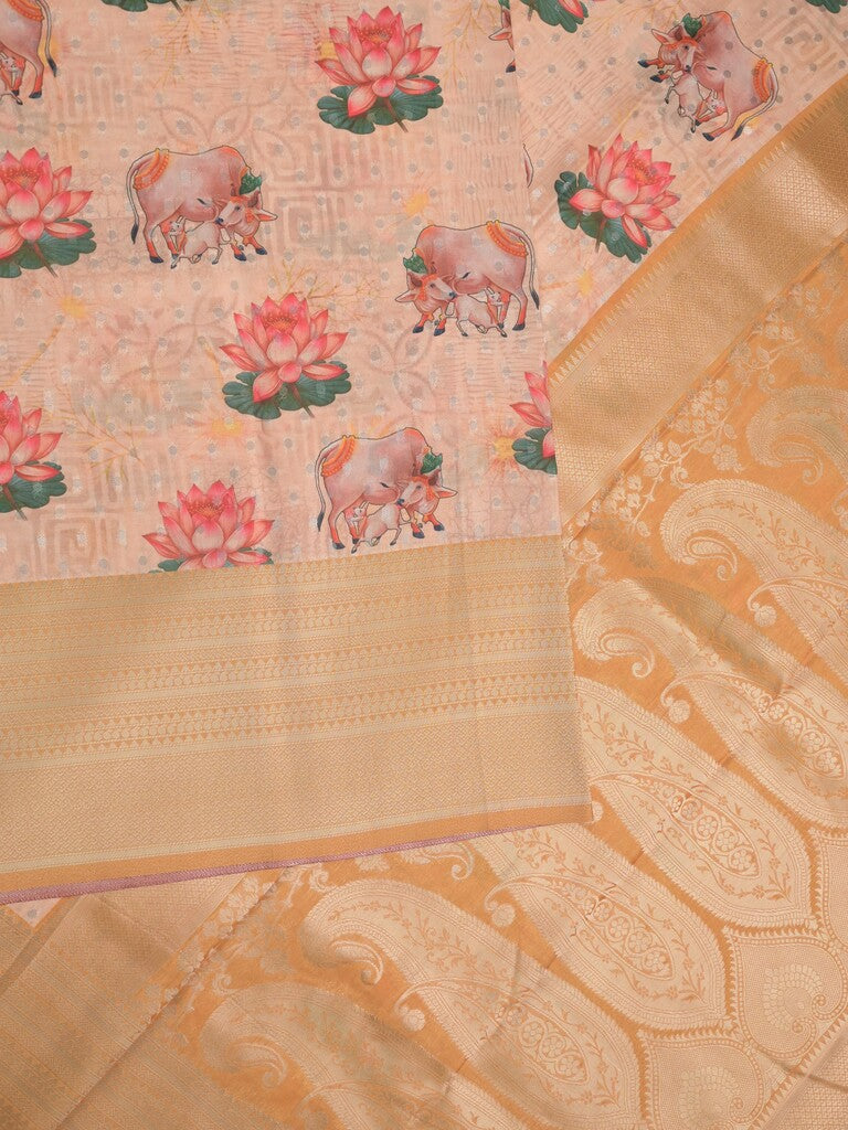 Crape fancy saree cream color allover prints, zari motifs & zari border with rich pallu and attached blouse