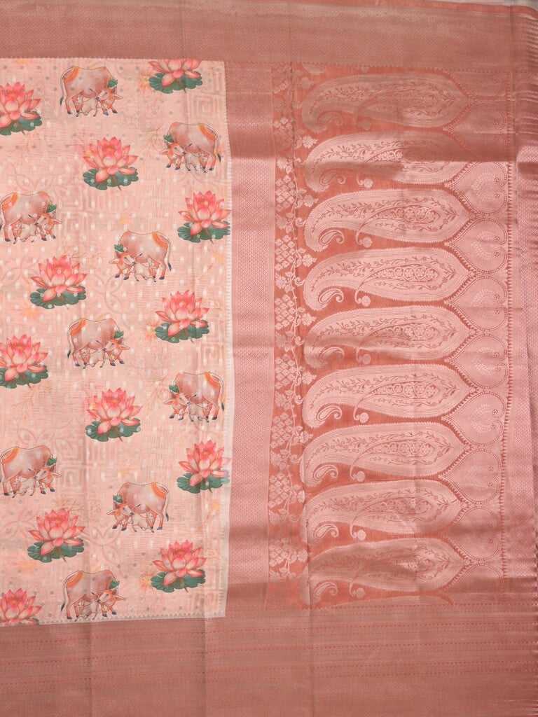 Crape fancy saree baby pink color allover prints, zari motifs & zari border with rich pallu and attached blouse