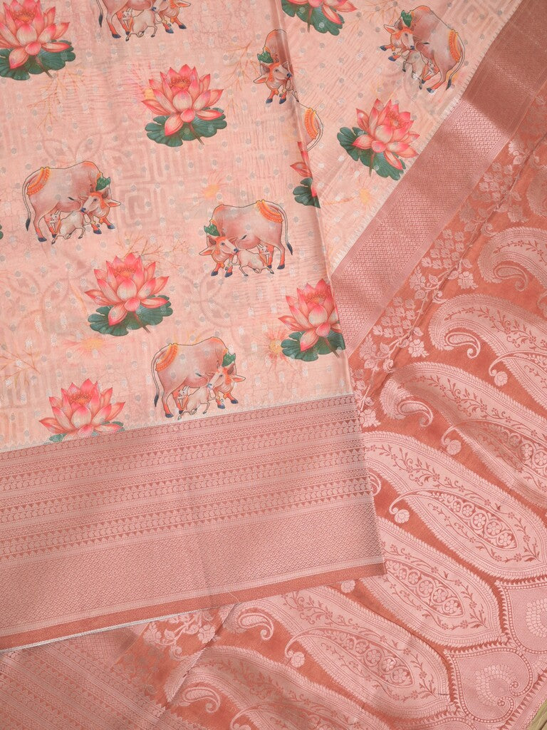 Crape fancy saree baby pink color allover prints, zari motifs & zari border with rich pallu and attached blouse