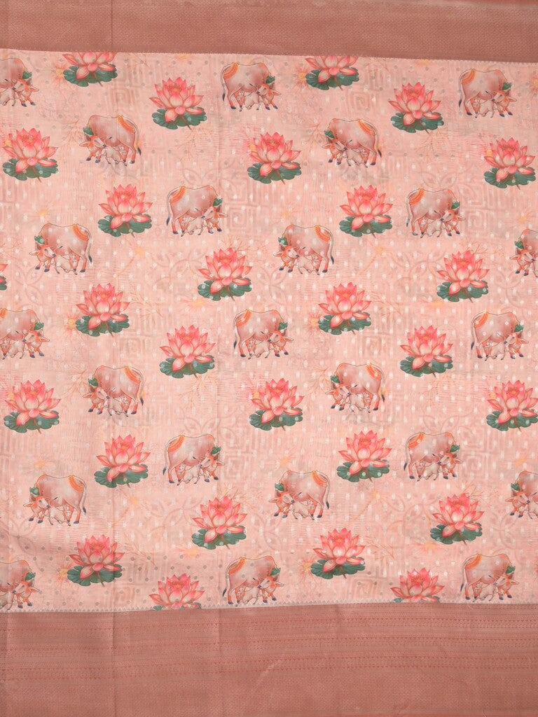Crape fancy saree baby pink color allover prints, zari motifs & zari border with rich pallu and attached blouse
