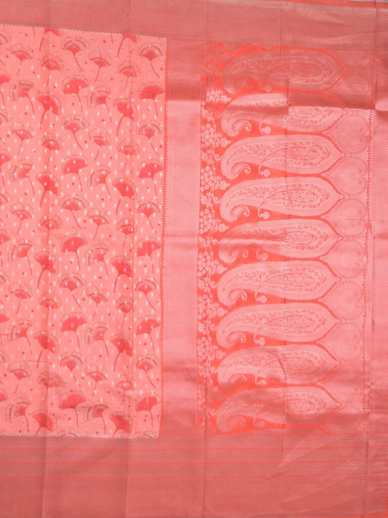 Crape fancy saree coral pink color allover prints, zari motifs & zari border with rich pallu and attached blouse