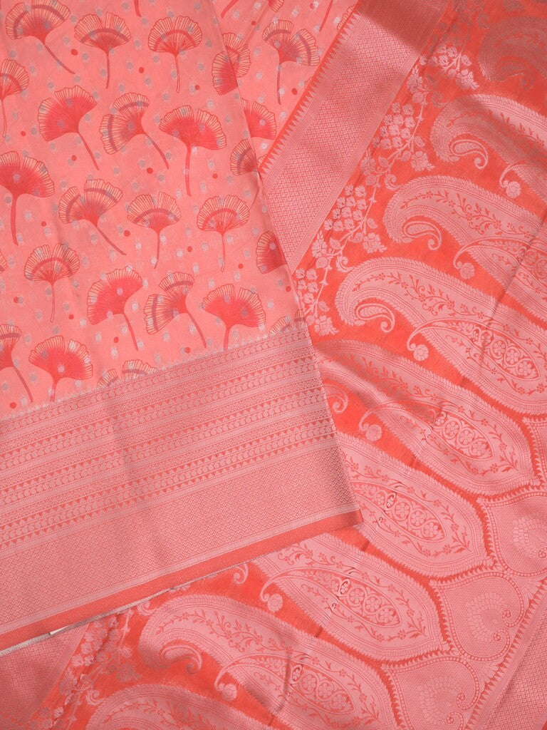 Crape fancy saree coral pink color allover prints, zari motifs & zari border with rich pallu and attached blouse