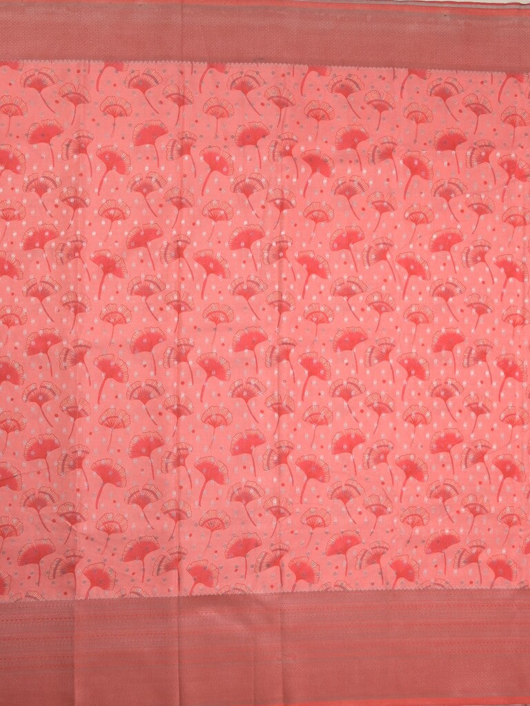 Crape fancy saree coral pink color allover prints, zari motifs & zari border with rich pallu and attached blouse