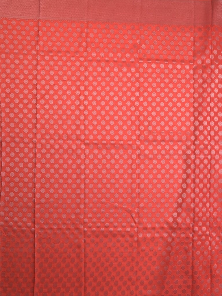Crape fancy saree coral pink color allover prints, zari motifs & zari border with rich pallu and attached blouse