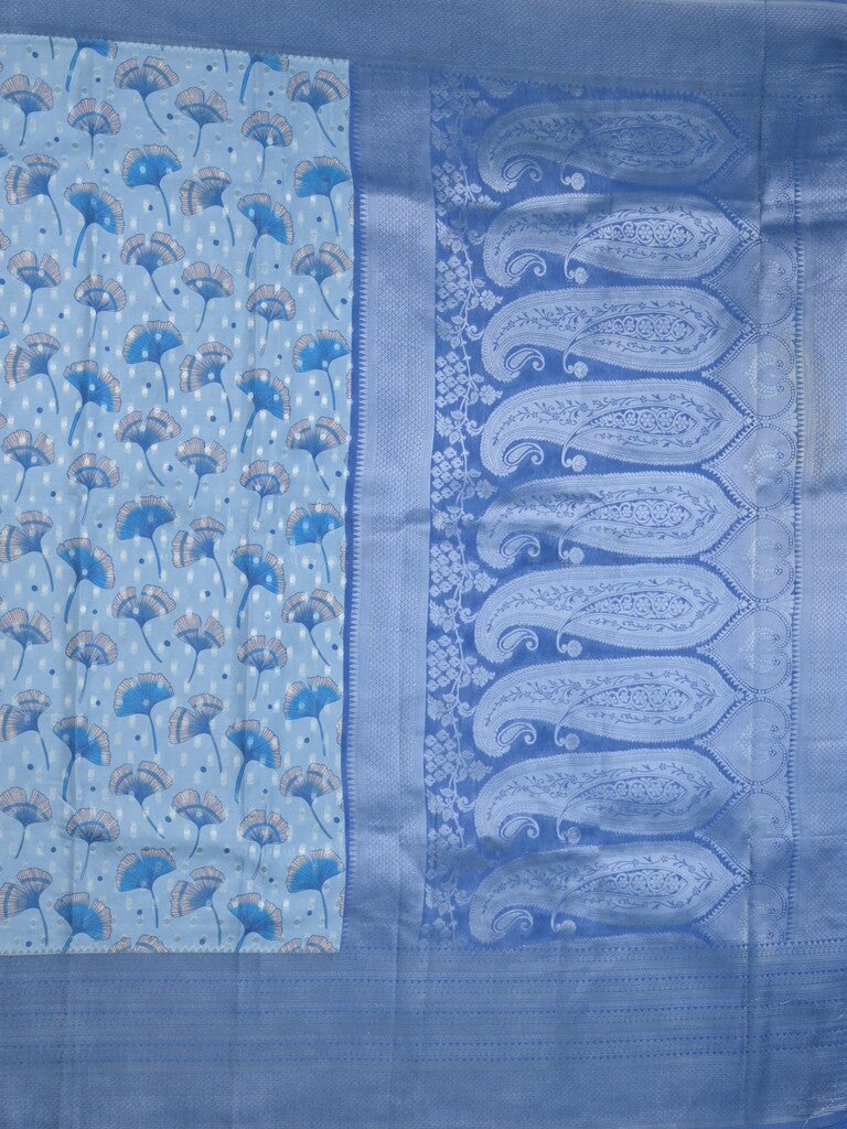 Crape fancy saree light blue color allover prints, zari motifs & zari border with rich pallu and attached blouse