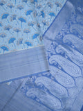 Crape fancy saree light blue color allover prints, zari motifs & zari border with rich pallu and attached blouse