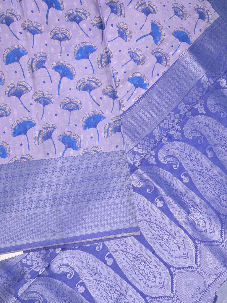 Crape fancy saree light lavender color allover prints, zari motifs & zari border with rich pallu and attached blouse