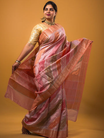 Raw mango pattu saree peach color allover zari weaves & zari border with rich pallu and attached plain blouse
