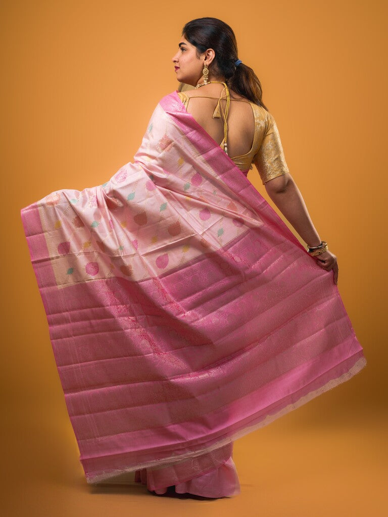 Raw mango pattu saree baby pink color allover zari weaves & zari border with rich pallu and attached plain blouse